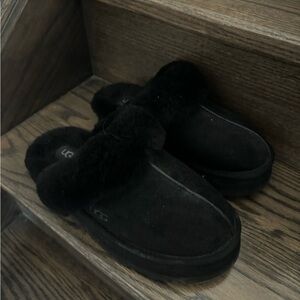 UGG Black Suede Shearling Mule Slippers